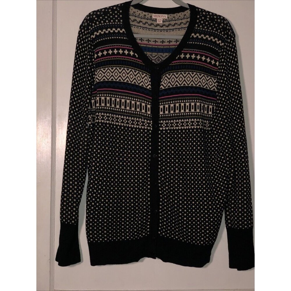 Merona Cardigan Sweater Plus 2X Blue Pink Black Pattern Knit V-Neck Button Front